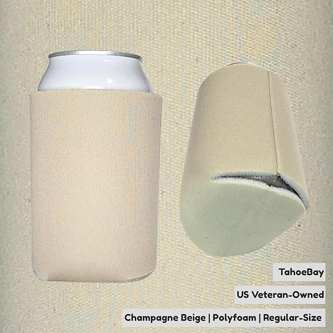 TahoeBay Bulk Blank Beer Can Cooler Sleeves (50-Pack) Sublimation Blanks for Vinyl Plain Soft Foam Can Sleeves Coolers for Soda Cans & Bottles Black, White, Assorted Solid Color (Champagne Beige)