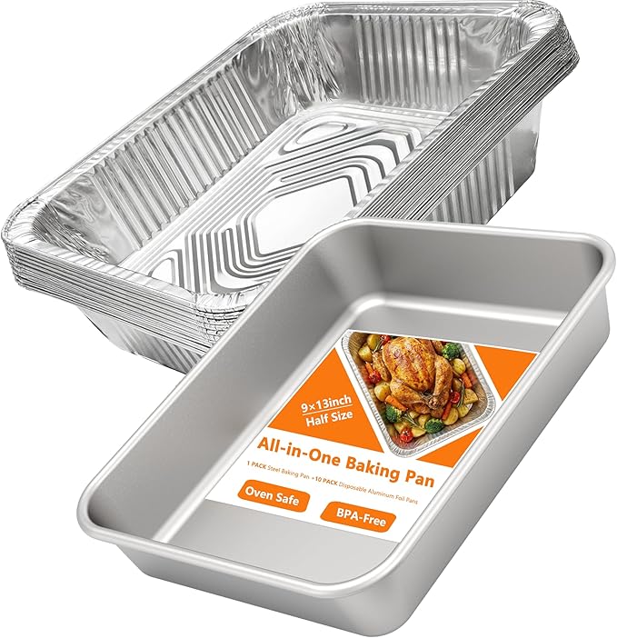 9x13 Baking Pan - Rectangle Cake Pan Deep Heavy Duty Stainless Steel Oven Safe Roasting Baking Pan for Lasagna Brownies Casseroles, with Half Size 10 Pack Disposable Aluminum Foil Pans 9x13