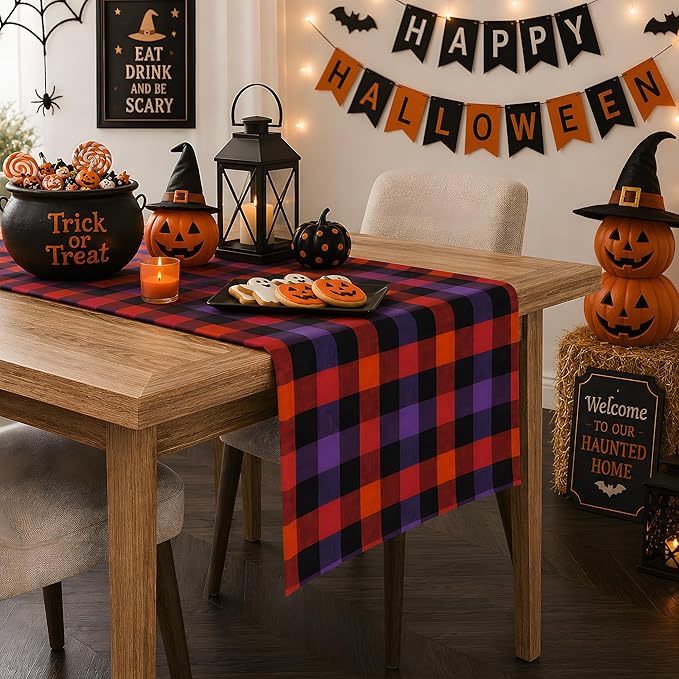 Halloween Decorations - Halloween Checkered Table Runner | Halloween Party Favors Home Decor - Halloween Tablecloth Backdrop for Fall Kitchen Dining Indoor Outdoor Decorations