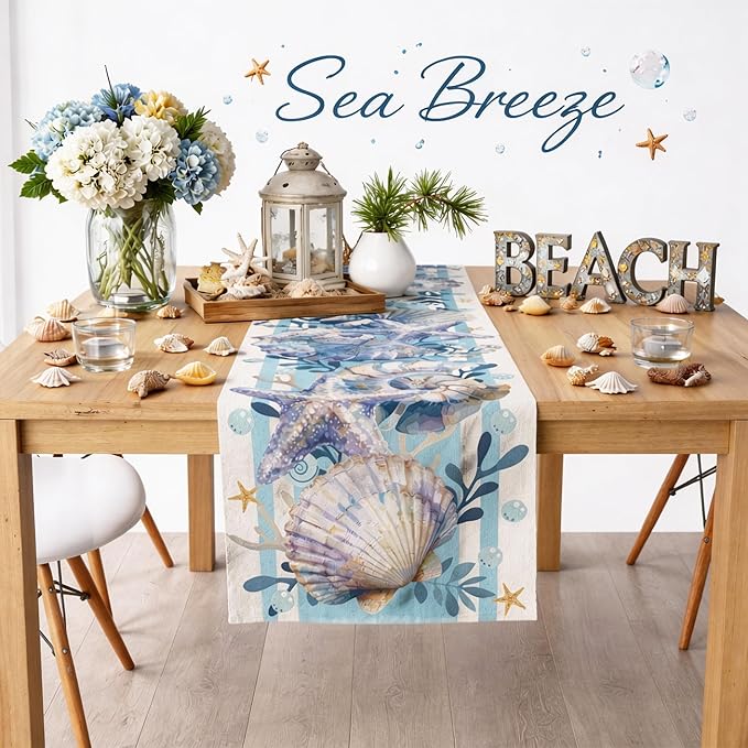 Beach Party Decorations - Sea Shell Starfish Table Runner | Summer Decor for Beach Themed Birthday Party Favors - Ocean Dining Table Decoration for Pool Outdoor Indoor
