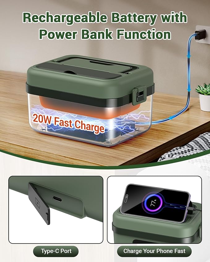 ODSD Cordless Electric Lunch Box for Adults, 16000mAh Rechargeable Self-Heating Lunch Box Food Warmer with Timer & Adjustable Heating, 34oz/1L Container with Insulated Bag for Office Car Outdoor