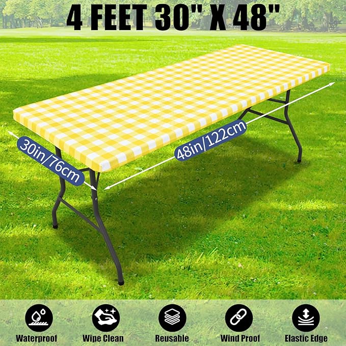 Smiry Picnic Table Cloth 2 Pack, Waterproof Elastic Fitted Tablecloths for 4FT Rectangle Tables, Washable Polyester Buffalo Plaid Tablecloth for Camping, Dining & Outdoor (Yellow & White, 30" x 48")