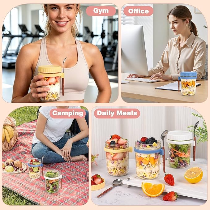 Artcochan 4 Pack Overnight Oats Containers with Lids and Spoons,16 oz Airtight Glass Mason Jars,Leak Proof Overnight Oats Jars for Yogurt, Salad, Chia Pudding