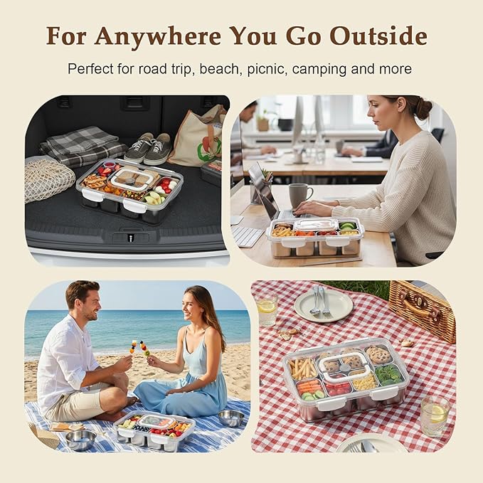 Snackle Box Container with Ice Pack Stainless Steel,Portable Snack Boxes with Lid and Insulated Bag,8 Compartment Snackle Storage Divided Serving Tray Beach Road Trip Picnic for Fruit Charcuterie