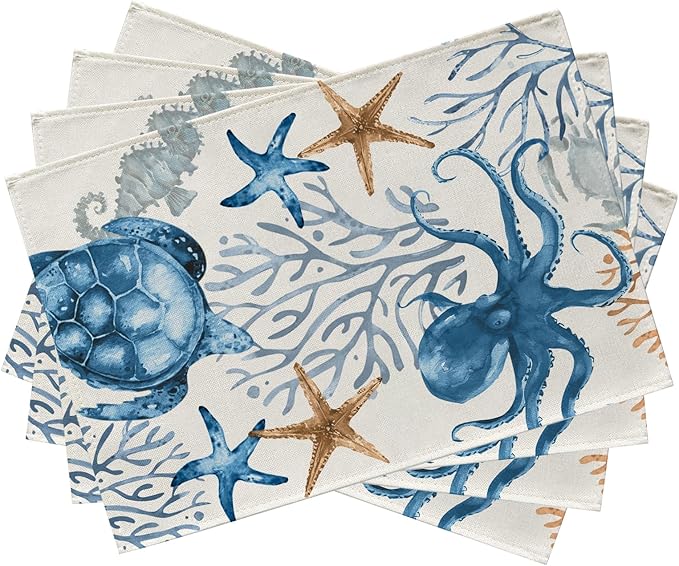 Seliem Spring Summer Octopus Turtle Starfish Coral Placemats Set of 4, Coastal Sea Horse Creature Dining Table Place Mats, Nautical Beach Seasonal Kitchen Decor Home Decoration 12 x 18 Inch