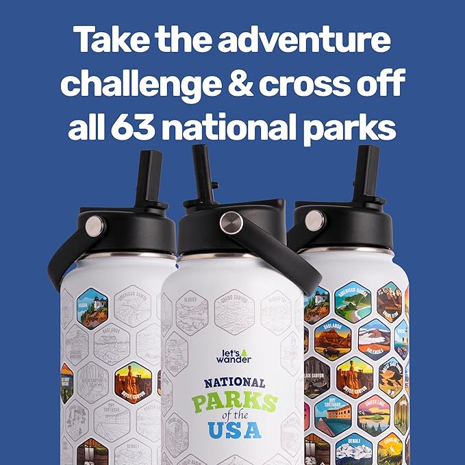 LET'S WANDER National Parks Water Bottle 2.0 Ultimate Bundle | Includes Straw Lid, Chug Lid & 2 Sets of 63 Waterproof Stickers | 32oz Leakproof Insulated Stainless Steel Gift Pack (White)
