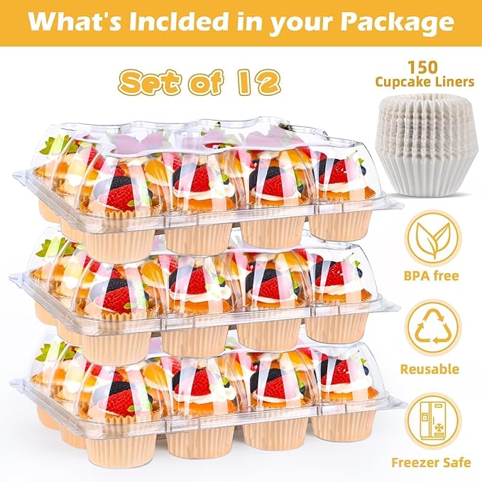 Plastic Cupcake Containers 12 Count (12 Sets), Stackable Cupcake Boxes Holders with Tall Dome Lid, Disposable Cupcake Carrier Trays Include 150 Cupcake Liners