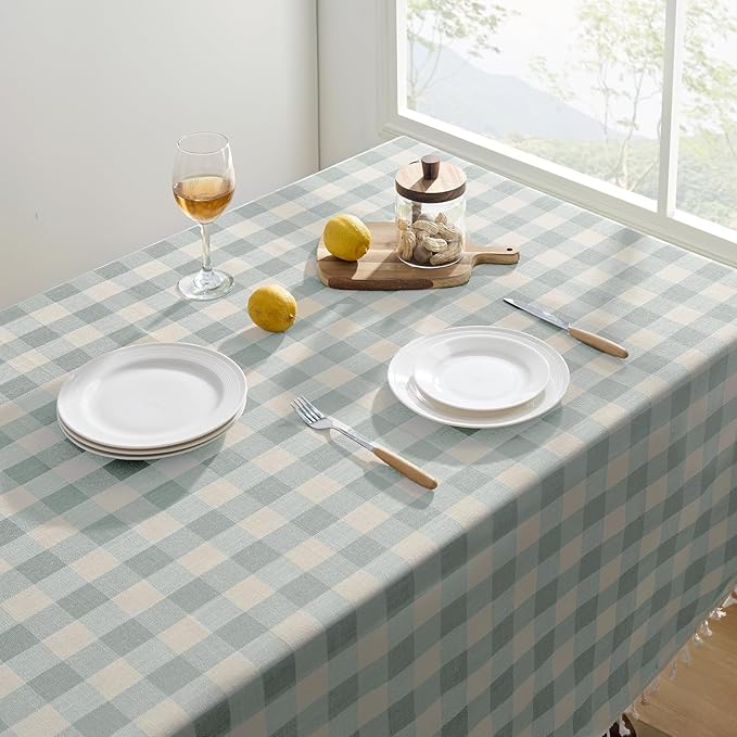 Softalker Checkered Tablecloth Rectangle, Outdoor Linen Cotton Gingham Table Cloth with Tassel, Heavy Duty Wrinkle Free Buffalo Plaid Table Cover for Kitchen Dining Summer Party - 55 x 120 Inch, Aqua