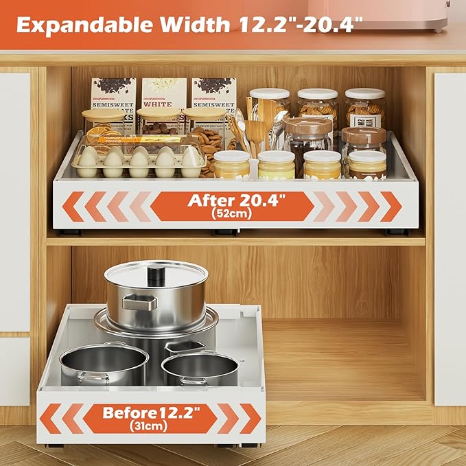 lockincar 2 Pack Expandable Pull Out Cabinet Organizer 21" Deep, Adjustable Width 12.2"-20.4" Slide Out Drawers & Roll Out Shelves for Kitchen Cabinets, Easy Install with Double-Sided Adhesive, White