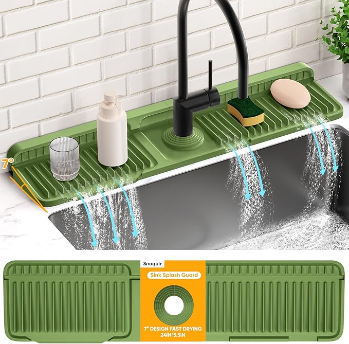 24'' Longer Faucet Mat for Kitchen Sink Splash Guard[7° Slope Fast Self-draining][Snap Lock Fit] Kitchen Sink Faucet Mat Splash Guard Kitchen Sink Area Water Splash Guard Behind Faucet Draining Mat