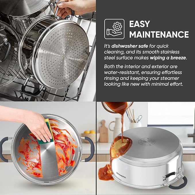 SUNHOUSE Stainless Steel Steamer Pot for Cooking - 6.3 QT Steaming Pot with Glass Lid & Steamer Basket - 2 Tier Tri-ply Vegetable Steamer with Stay-Cool Silicone Handles - Induction Compatible