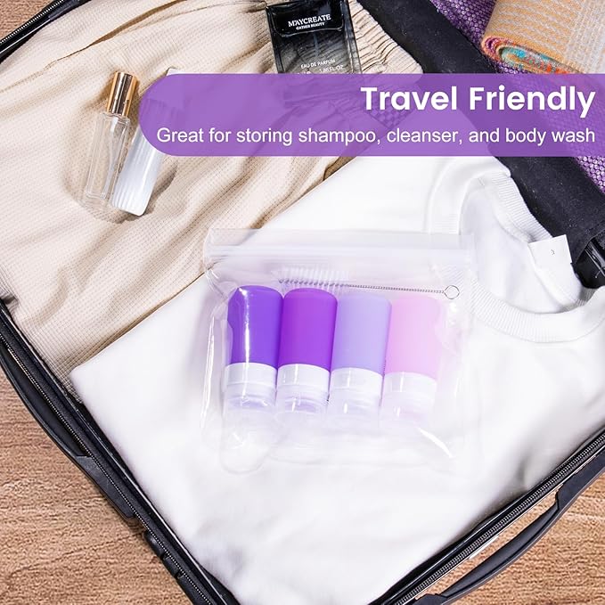 MICEBAY Condiment Squeeze Bottles for Sauces, 2-oz Mini Silicone Salad Dressing Container to Go with Snack Storage Bag, Leakproof Sauce Bottles for Lunch Box, 4 Pack, Purple