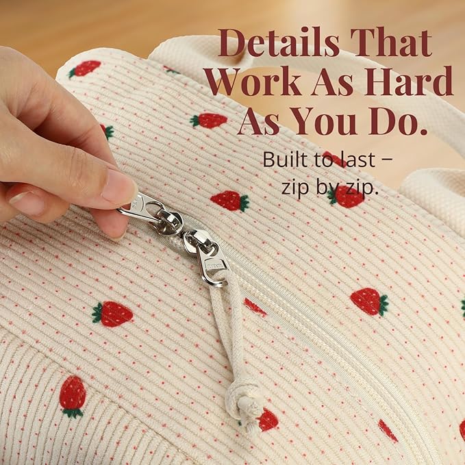LOVELYWIND Crossbody Strawberry Lunch Bag for Women, Insulated Corduroy Tote with Adjustable Strap, Water Resistant Lunch Box for Work, Picnic, Travel or Beach, Beige Cream Reusable Lunch Box