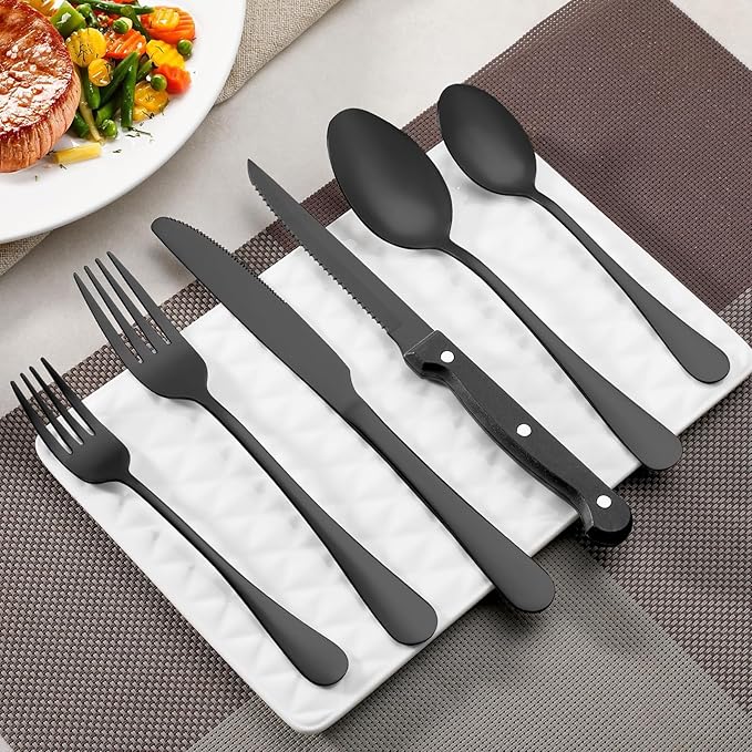 Black Steak Knives Set of 8, Sharp Triple Rivet Steak Knife, High-Carbon Stainless Steel Serrated Blades, Ergonomic Handles Serrated Steak Knives, Dinner Knife for Kitchen Restaurant, Dishwasher Safe