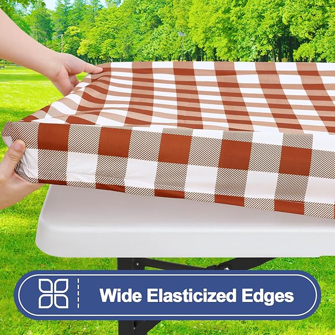 Smiry Picnic Table Cloth 2 Pack, Waterproof Elastic Fitted Tablecloths for 8FT Rectangle Tables, Washable Polyester Buffalo Plaid Tablecloth for Camping, Dining & Outdoor (Rust & White, 30" x 96")