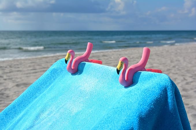 O2COOL Bocaclips - Beach Towel Clips for Beach Chairs, Patio and Pool Accessories - (Flamingo) 2 Count
