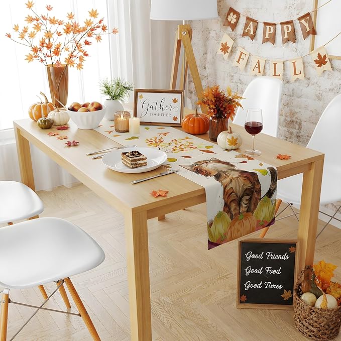 Fall Decorations for Home - Cute Autumn Cat Pumpkin Table Runner | Thanksgiving Friendsgiving Decorations for Home Indoor Outdoor - Fall Table Centerpieces Backdrop for Kitchen Dining Room Office