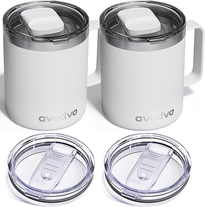 2 Pack 12oz Insulated Coffee Mug with Lids – Double Wall Stainless Steel Travel Cups with Handle, Keep Hot & Cold Drinks, Ideal Gift for Coffee Lovers, Home, Office & Camping, White