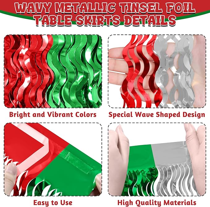 Christmas Table Skirt, 2 Pack Red Silver Green Desk Skirts Party Decorations, Metallic Xmas Wavy Tinsel Foil Fringe Table Skirts, Foil Table Skirt for Indoor Christmas Party Backdrop