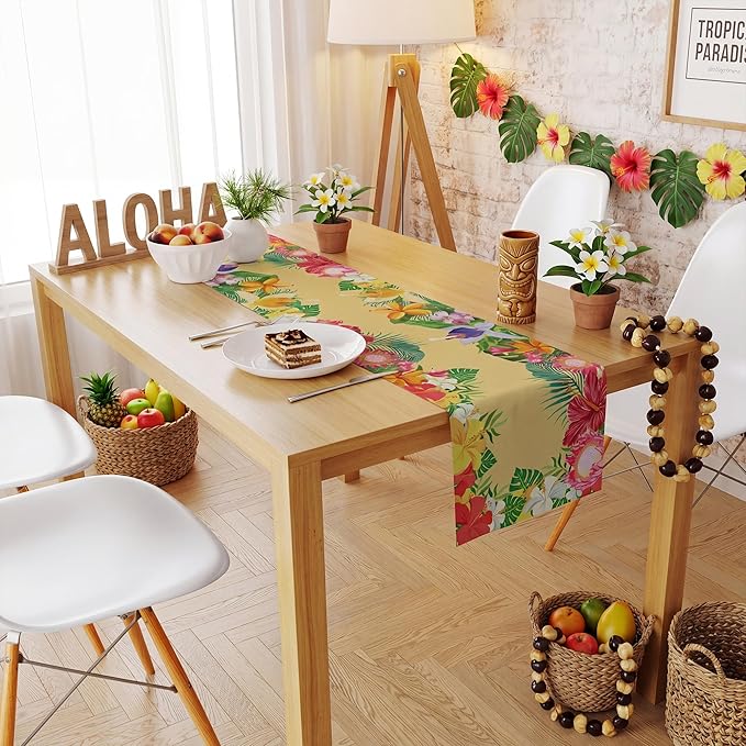 Luau Party Decorations - Hibiscus Palm Leaf Table Runner | Hawaiian Theme Party Decorations for Summer Beach Pool Birthday - Tropical Decor Party Favors Supplies for Home Kitchen Dining