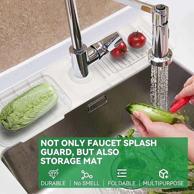 Kitchen Sink Splash Guard Behind Faucet 24 x 5.5 Inch, Toovem Faucet Handle Drip Catcher Tray, Longer Silicone Sink Faucet Mat, Dish Soap Sponge Holder for Bathroom, Farmhouse, Bar Rv