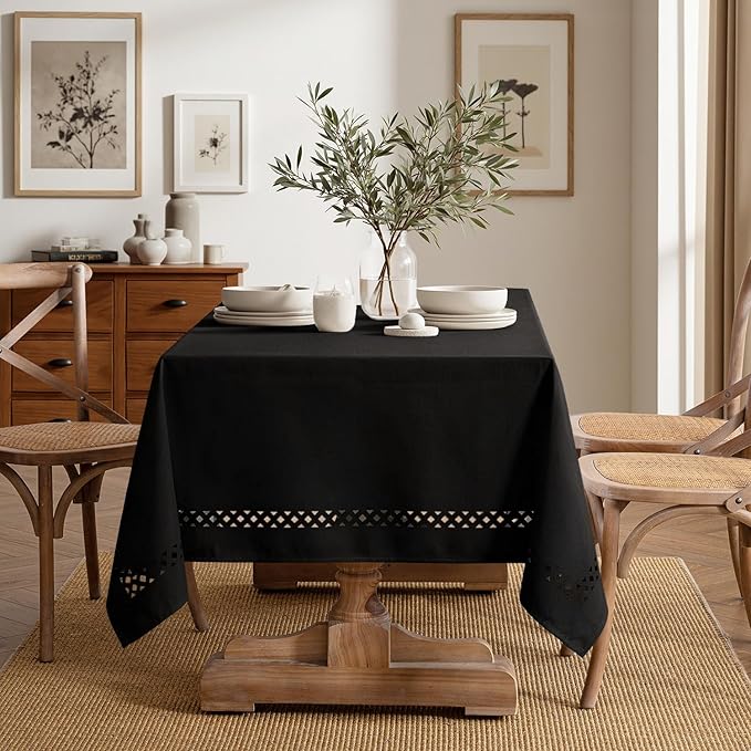 MIULEE Black Rectangle Linen Polyester Tablecloth with Decorative Cutouts Spring Waterproof Stain Resistant & Shrink-Proof Table Cloth 60x104 inch Farmhouse Style for Dining Wedding and Outdoor