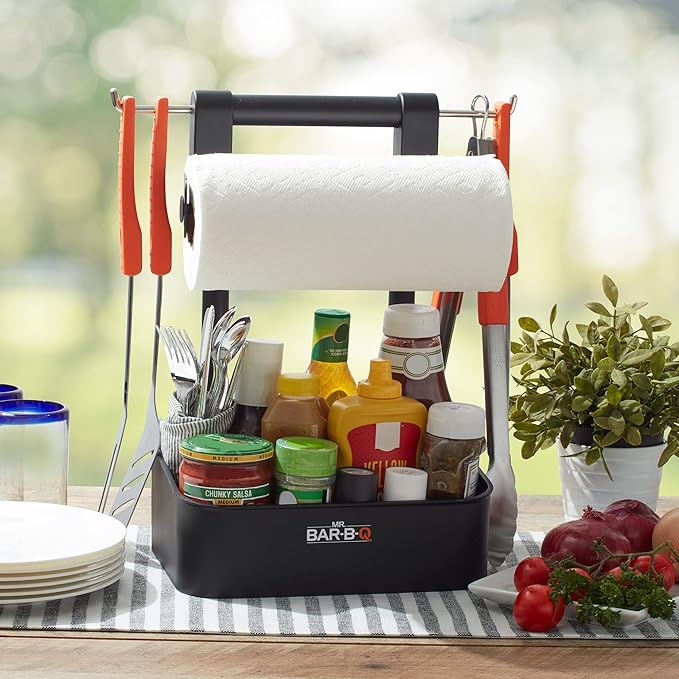Mr. Bar-B-Q Collapsible BBQ Grilling Caddy w/Extended Hook, Store All Grilling Accesories in One Place, BBQ Caddy for Outdoor Barbecue, Camping Trip, Roller Towel Holder, Kitchen Storage Organizer