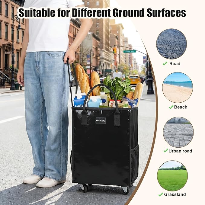 Reusable Hauler Rolling Tote Bag, Collapsible Portable Shopping Cart with Wheels for Groceries, Apartments Laundry, Organization , Heavy Duty Utility Tote, Basket with Wheels, Travel and Moving, 75lbs
