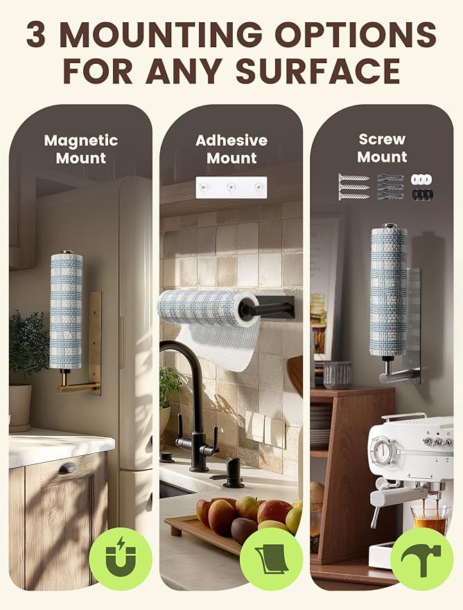 INMAKER Magnetic Paper Towel Holder, Strong Magnet Paper Towel Holder for Fridge, Kitchen, RV, Garage, Grill with Self Adhesive Wall Mount and Screws, One Hand Tear with Adjustable Damping (Silver)