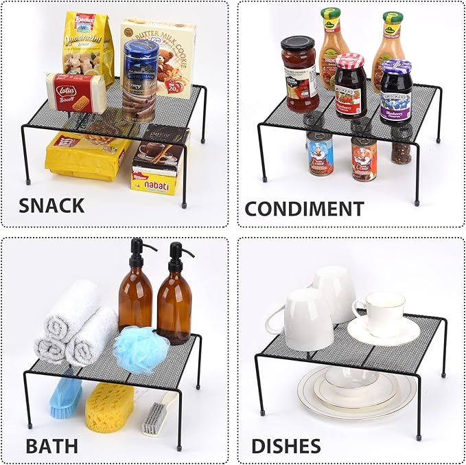 SIBAO Set of 4 Mesh Kitchen Shelves Cabinet Storage Shelf Rack (13.1 x 10.2 Inch) ，Kitchen Bathroom Pantry Cupboard Desk Home Office, Fridge, Non-Slip Plastic Feet (4, Black)