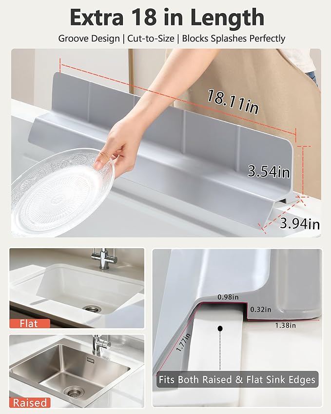 Kitchen Sink Splash Guard 18" Self-Draining Silicone Water Guard with High Splash Wall & Strong Suction Cups for Faucet, Countertop & Sink Edge, Keeps Sinks Dry, Dishwasher Safe, Gray