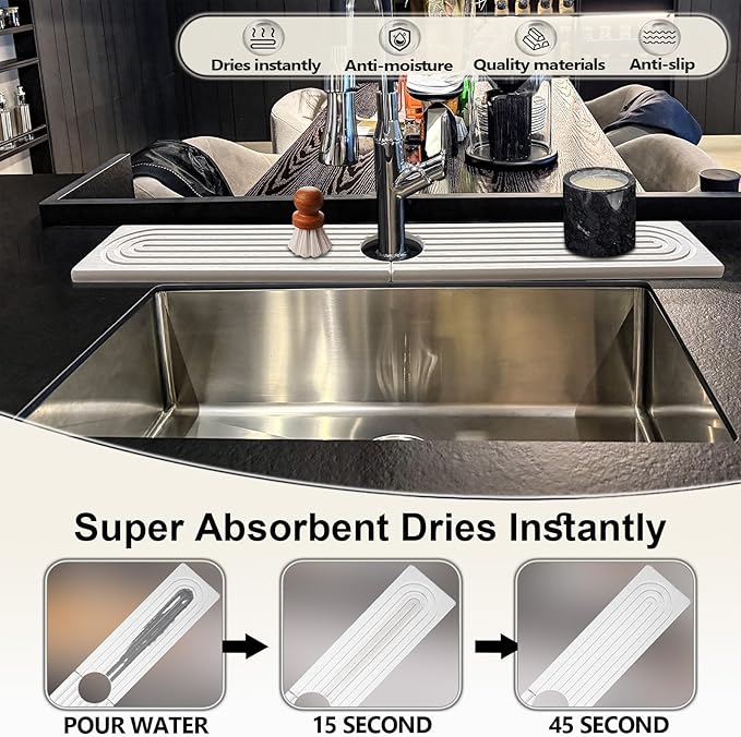 Faucet Mat For Kitchen Sink, 20" Diatomite Absorbent Faucet Mat, Sink Stone Quick Dry Around Faucet, Super Absorbent, Sink Splash Guard For Kitchen Counter (White)
