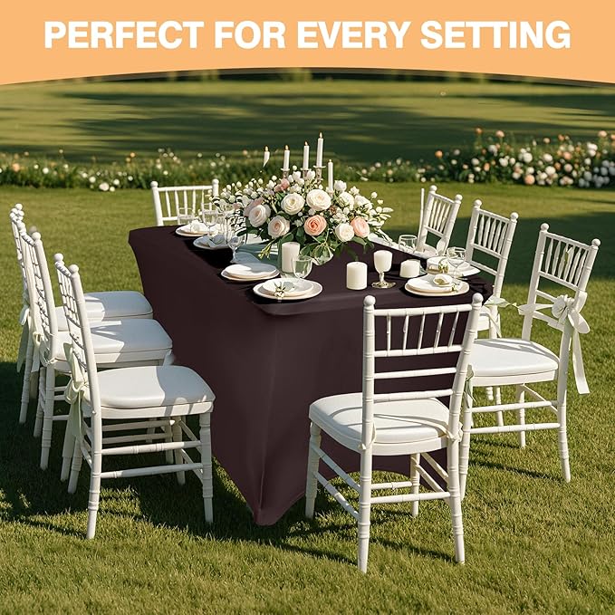 2 Pack 6 Feet Coffee Spandex Tablecloth for Tables, Fitted & Stretch, Washable, Wrinkle Resistant, Perfect for Event, Wedding, Party, Banquet, Cocktail, Festival, and Table Protector
