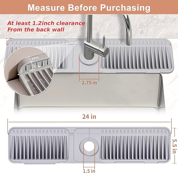 23.6 inch Silicone Faucet Mat for Kitchen Sink - 6° Slope & Fasten Button Design, Quick-Dry Splash Guard Water Catcher Behind Faucet, RV/Bathroom Safe (Gray)