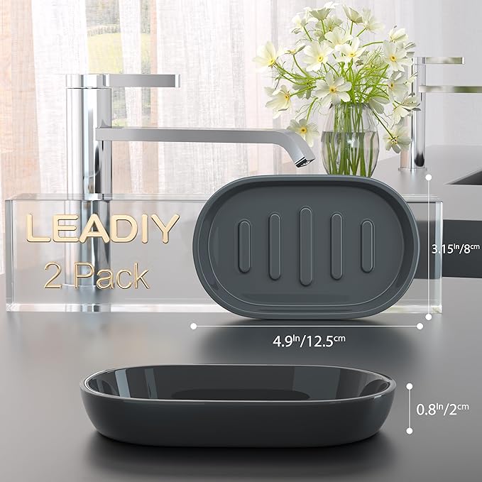 2Pcs/Set Bathroom Soap Dishes, Not Plastic！White Soap Dishes for Bar Soap, Bamboo Soap Dishes Holder for Bathroom Shower, Bathroom Sink Soap Dish (Black)