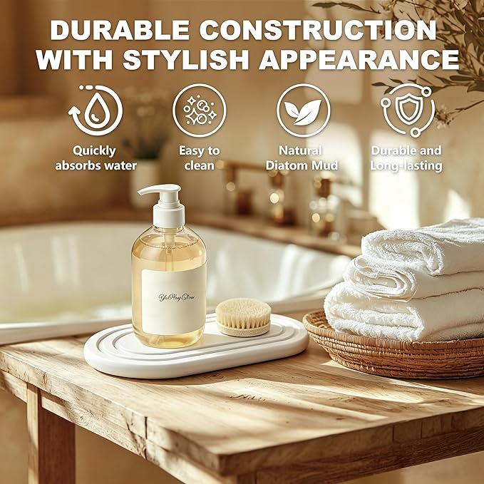 2PCS Quick Dry Water Absorbing Stone Tray, Natural Diatomite Sink Tray for Kitchen Counter, Bathroom Vanity Organizer, Faucet Mat, Soap Dish & Bar Coaster