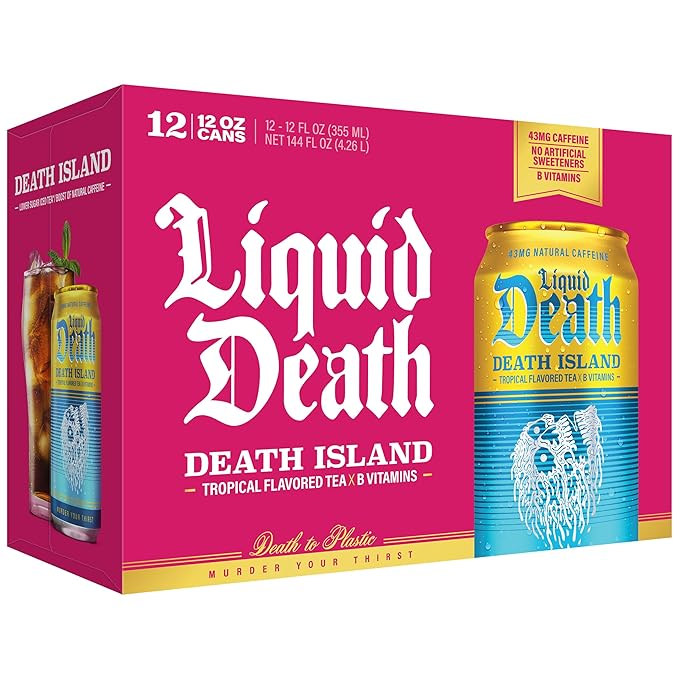Liquid Death Iced Tea - Death Island (Tropical-Flavored Black Tea), Less Sugar*, Boost of Caffeine, B Vitamins, No Artificial Sweeteners, 12 Fl Oz (Pack of 12)