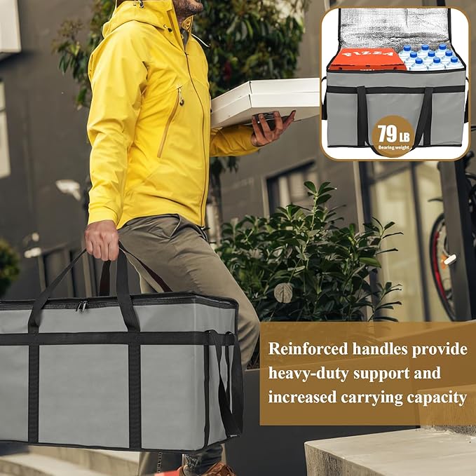 PEASUG 2PCS Insulated Bags for Food Delivery, XXXL Pizza Delivery Bags, Large Capacity Cooler Bag Keep Food Warm for Grocery Shopping and Catering, Foldable, Heavy-Duty (Grey)