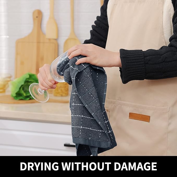 Homaxy 100% Cotton Terry Kitchen Towels(Dark Grey, 13 x 28 inches), Checkered Designed, Soft and Super Absorbent Dish Towels, 18 Pack