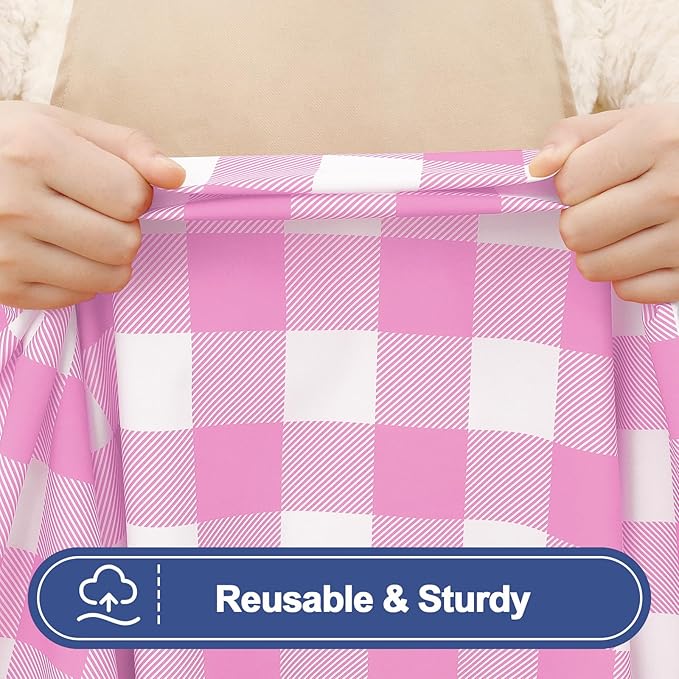 Smiry Picnic Table Cloth 2 Pack, Waterproof Elastic Fitted Tablecloths for 8FT Rectangle Tables, Washable Polyester Buffalo Plaid Tablecloth for Camping, Dining & Outdoor (Pink & White, 30" x 96")