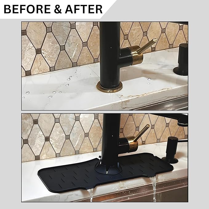 Silicone Sink Splash Guard, Drip Catcher Tray Mat | Kitchen Guard Gadgets Sink Accessories, Kitchen Sink Sponge Holder | 15" x 5.5" Drying Mat for Kitchen Counter, Faucet Accessories - Black