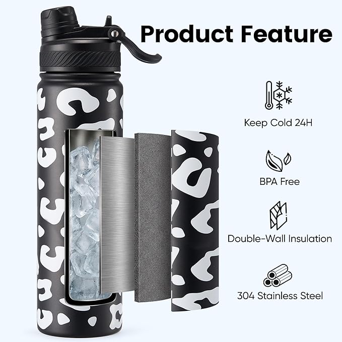 Fijinhom 24 oz Insulated Water Bottle, 2-in-1 Straw and Spout Lid Stainless Steel Thermos, Leak-Proof, Double Wall Vacuum Flask, Keep Cold 24H for Outdoor, Sports, Travel, School (Cow)