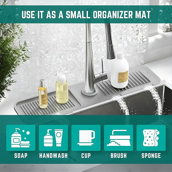 Faucet Mat for Kitchen Sink - Kitchen Sink Splash Guard with FREE Rubber Drain Insert - Faucet Guard Draining Mat, Faucet Mat Dish Soap Sponge Holder for Kitchen Sink (Gray, 24 Inch)
