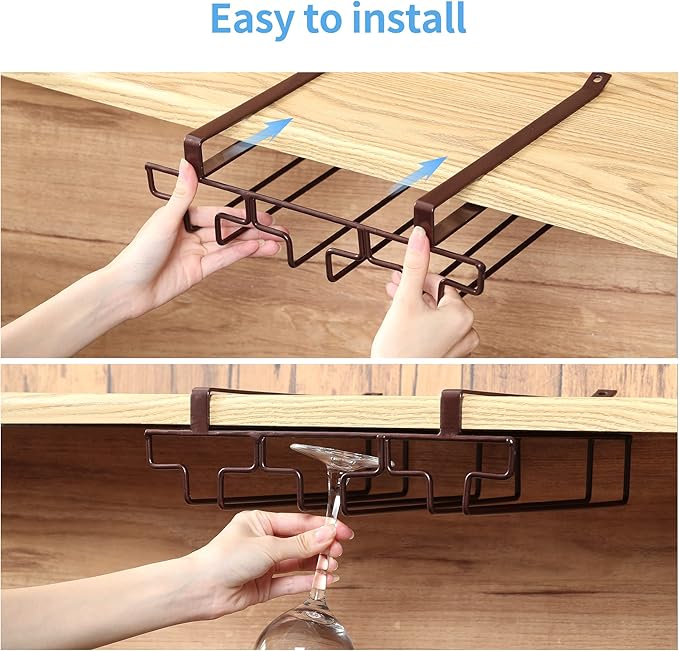 Wine Glass Rack Under Cabinet Drilling Free No Screw Steamware Holder Under Shelf Metal Wine Glasses Holders 304 Stainless Steel Hanger Storage Organizer Hanging Glass Fit for Bar Kitchen 3 Rows Brown