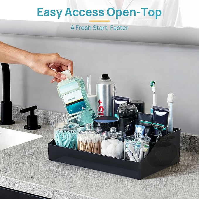 Vtopmart 5 PCS Bathroom Countertop Organizer, 1 Divided Tray with 4 Qtip Holder Jars, Restroom Clear Organizers for Toothbrush, Cotton Pads Balls, Floss, Bathroom Vanity Accessories Storage Set, Black