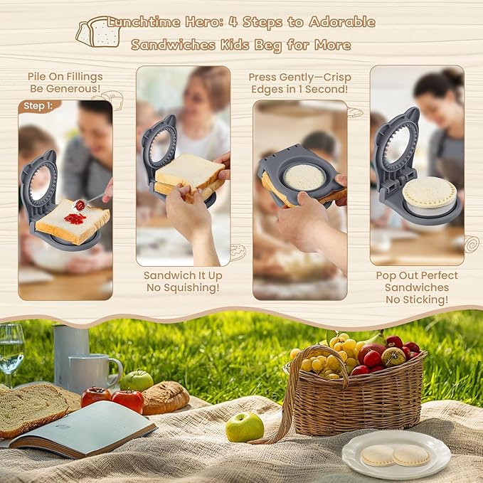 Sandwich Cutter, Maker for Kids Lunch - 3.7 Inch Circle Shape Sandwich Cutter and Sealer, Breakfast And Lunchboxes (Gray)