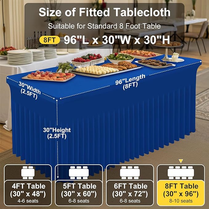Smiry Spandex Tablecloth 2 Pack, Elastic Fitted Stretch Tablecloth for 8FT Rectangle Tables, Waterproof Washable Table Cover Skirt for Outdoor, Wedding, Banquet & Parties (Blue, 96Lx30Wx30H Inch)