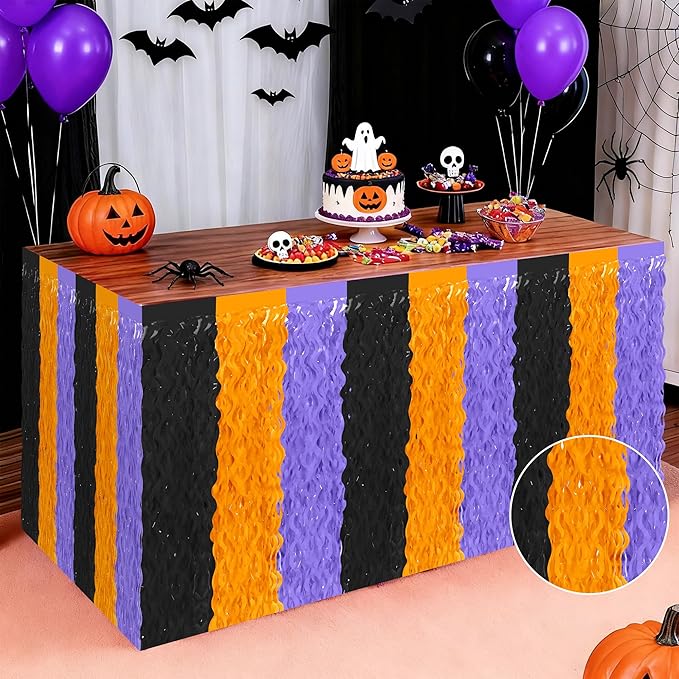 Halloween Table Skirts Decor, 2 Pack Black Orange Purple Desk Skirts Party Decorations, Halloween Wavy Tinsel Foil Fringe Table Skirts, Foil Favors for Indoor Party Backdrop Supplies