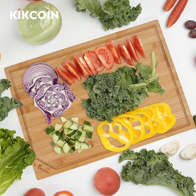 Kikcoin 17”×11” Bamboo Cutting Boards for Kitchen, Healthy Wooden Cutting Boards for Kitchen, Charcuterie, Vegetables, Cheese, Extra Large Chopping Boards with Deep Juice Groove and Handle, Natural