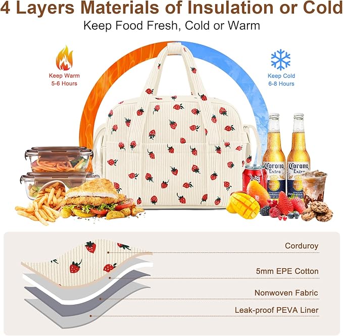 KUBYA Corduroy Lunch Box Lunch Bag for Women Adults Men, Cute Strawberry Insulated Work Reusable Leakproof Simple Large Lunch Boxes Tote Bag Adults Cooler Bag, with Shoulder Strap